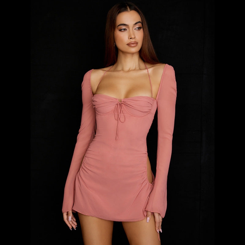 Halter Tie Strap Ruched Cut Out Club Mini Dress - Light Pink