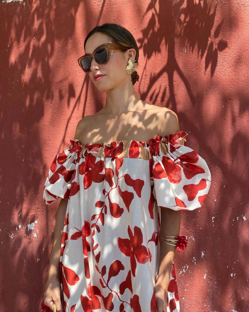 Floral Print Off-Shoulder Puff Sleeve Long Dress