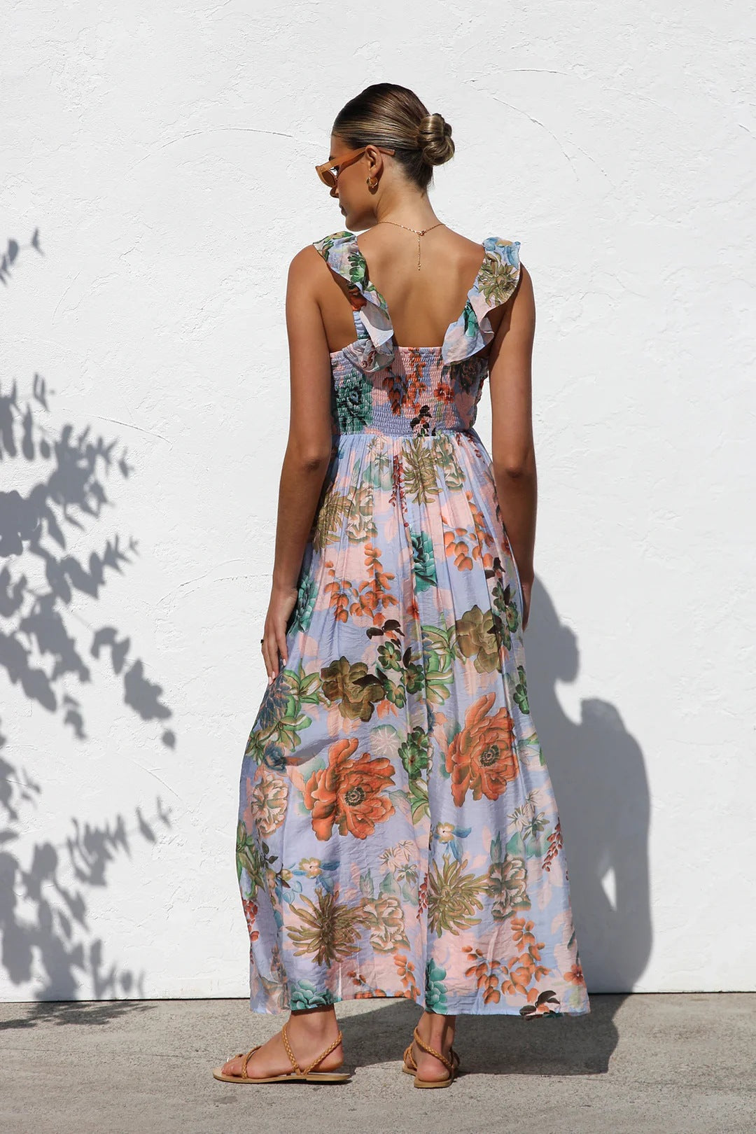 Unique Printed Ruffled Straps Pleated Back Maxi Dress