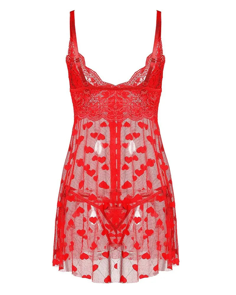 Rotes Babydoll-Set mit Häkelspitze und Herz-Print