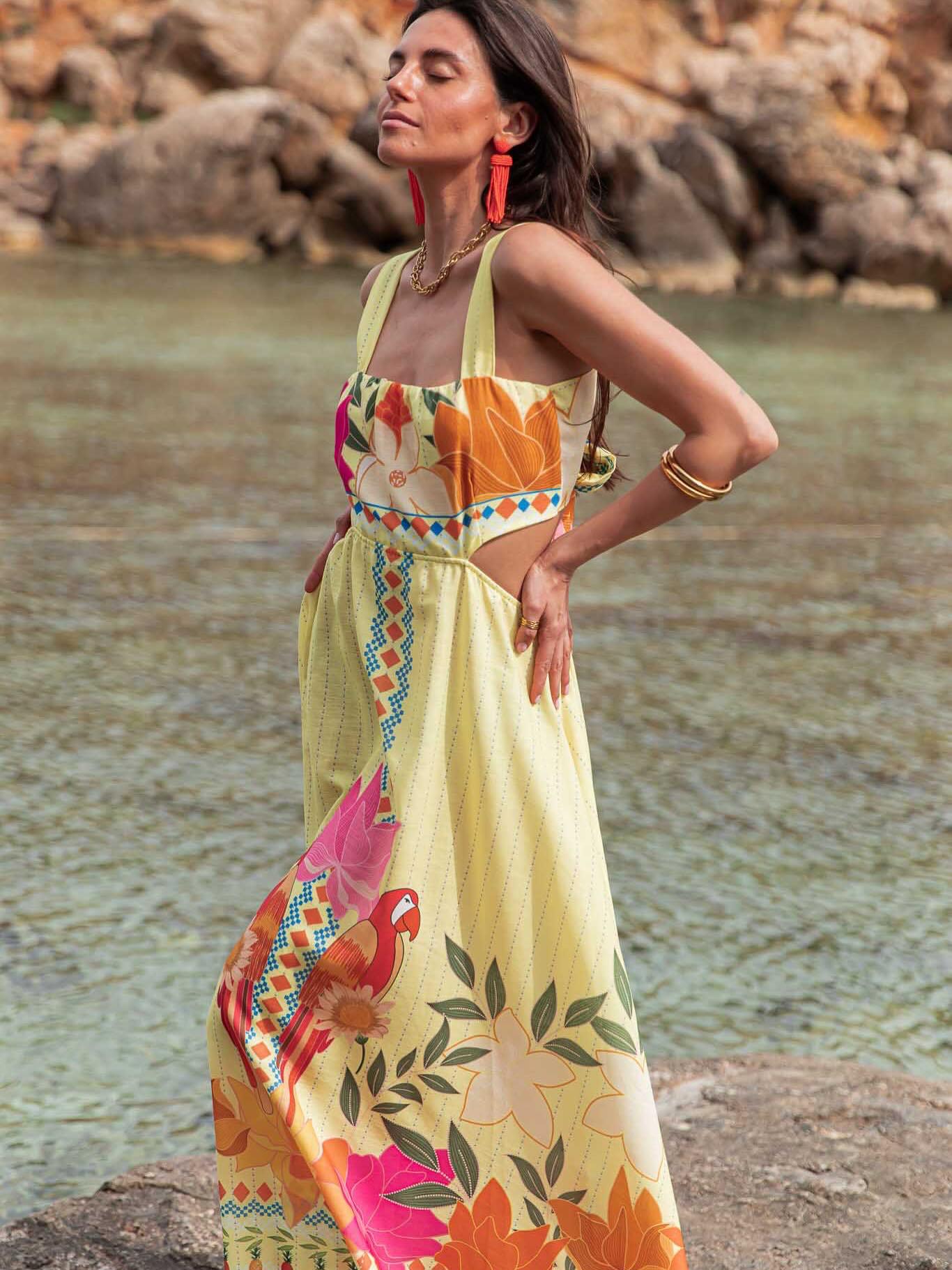 Printed Waist-Baring Maxi Dress