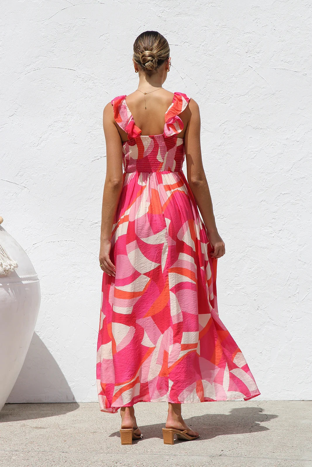 Unique Printed Ruffled Straps Pleated Back Maxi Dress