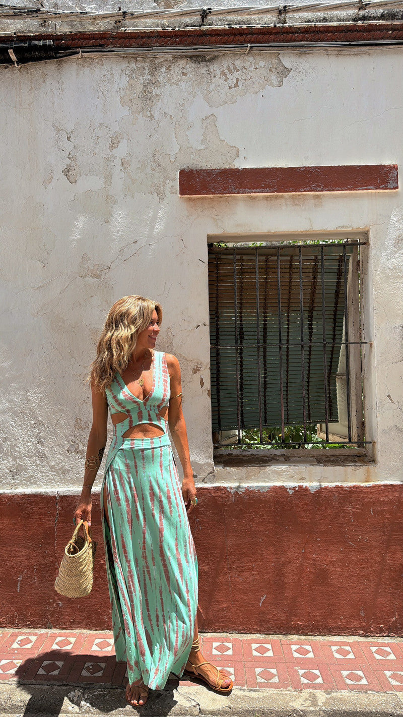 Printed V-neck Waist-Baring Dress