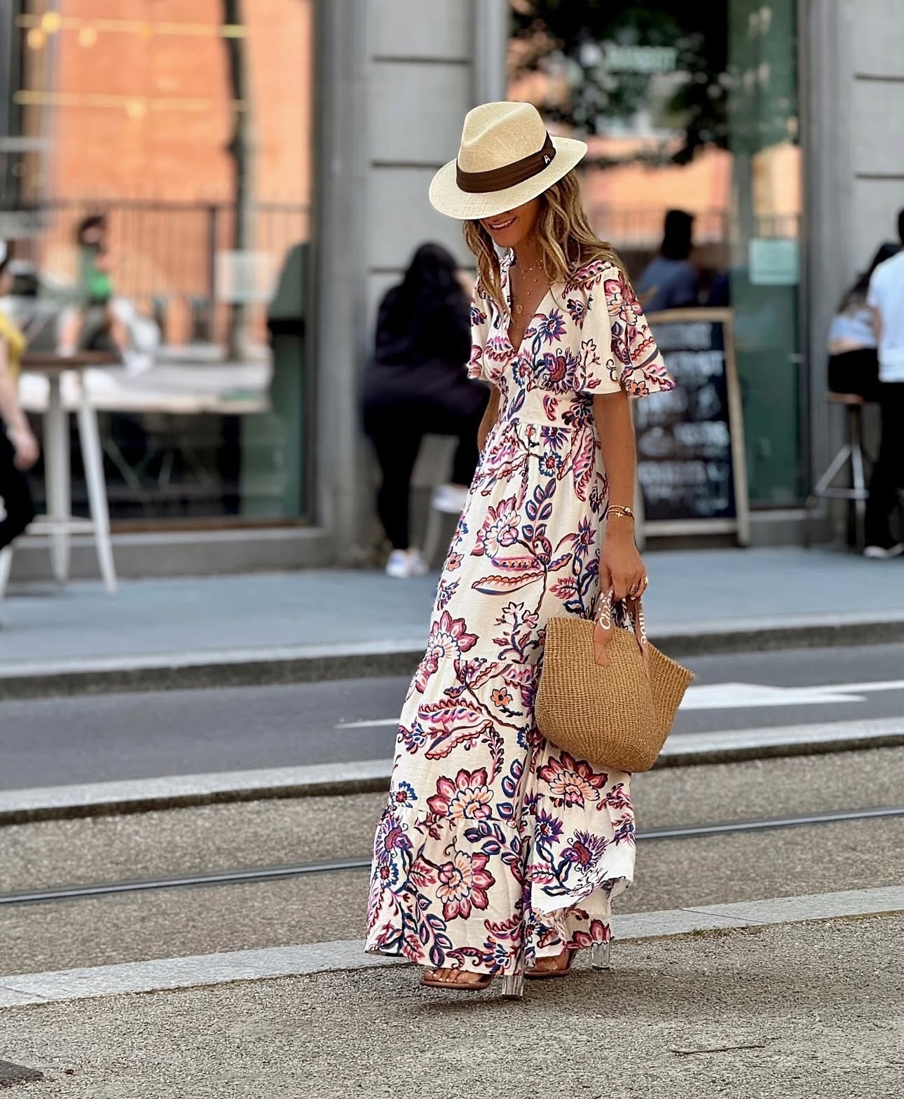 V-neck Waist Printed Ruffled Midi Dress