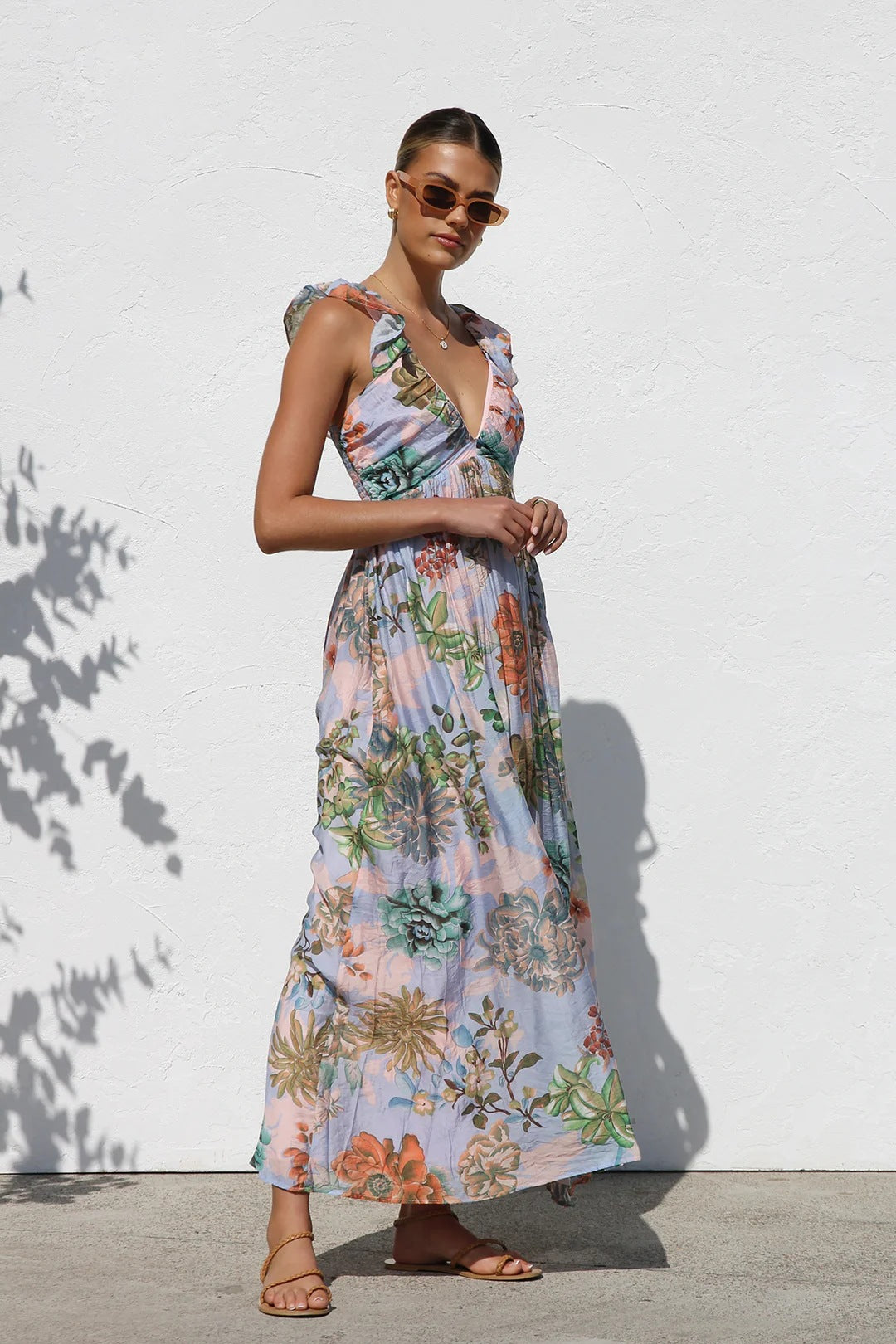 Unique Printed Ruffled Straps Pleated Back Maxi Dress