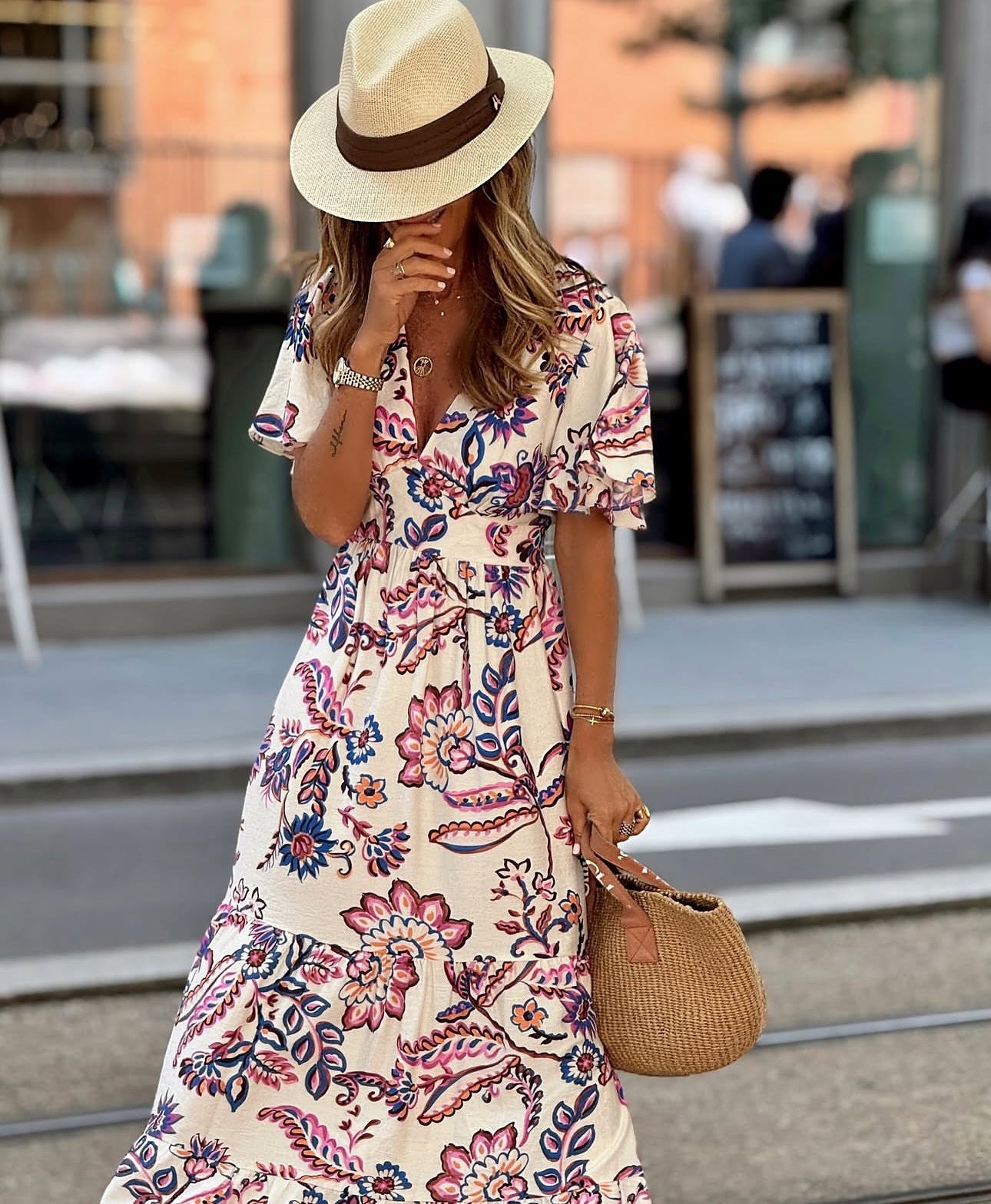 V-neck Waist Printed Ruffled Midi Dress