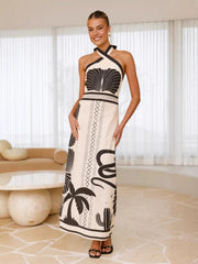 A Shell Print Off-The-Neck Cinched Waist A-Line Dress