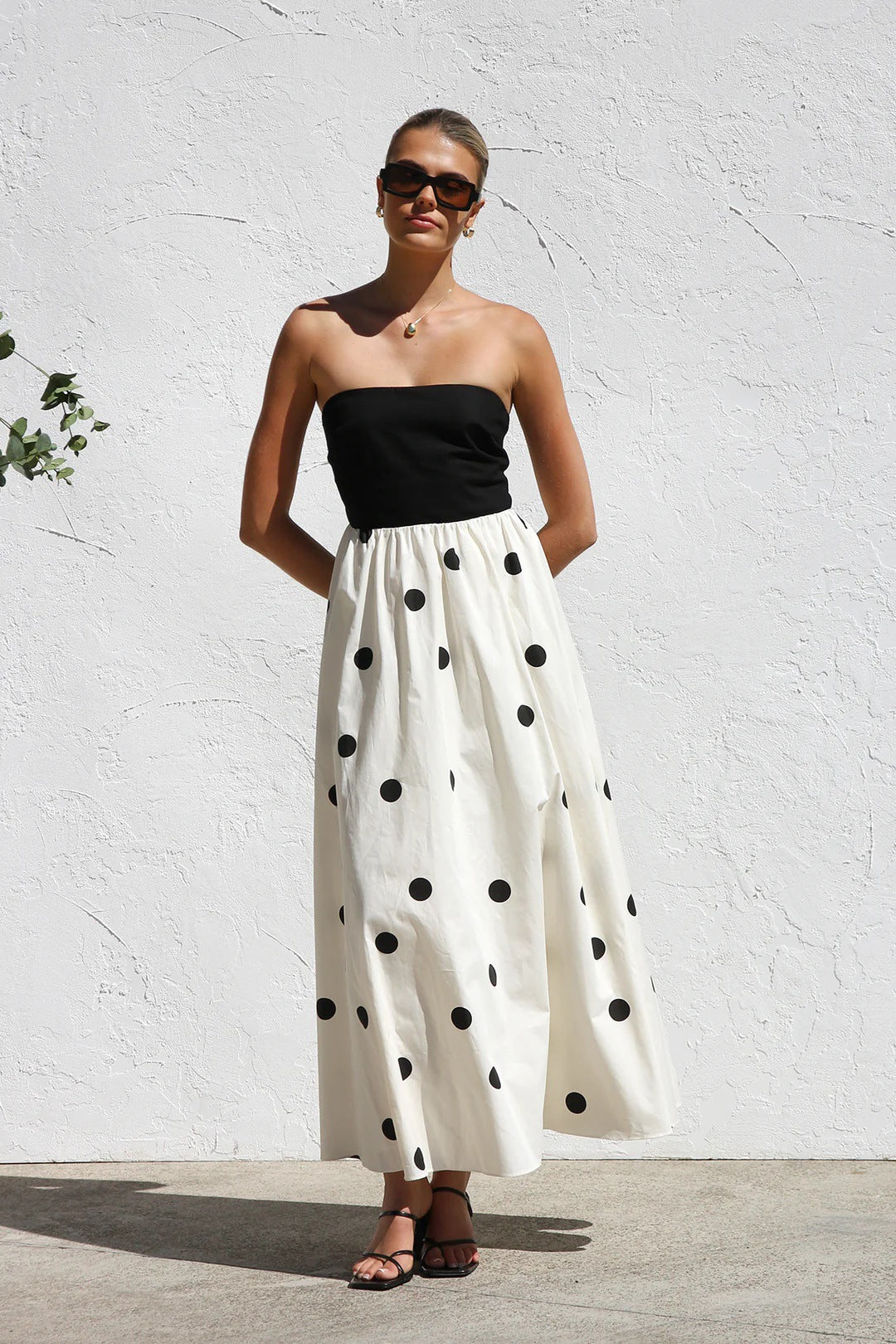 Polka Dot Print Paneled Maxi Dress
