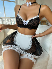 Schwarzes French-Maid-Dessous-Set mit kontrastierender Spitzenborte