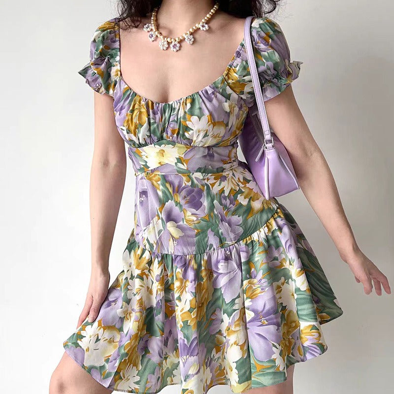 Floral Print Puff Sleeve Ruffle Short Dress