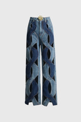 High Waisted Jeans with Spiral Cuts - Blue