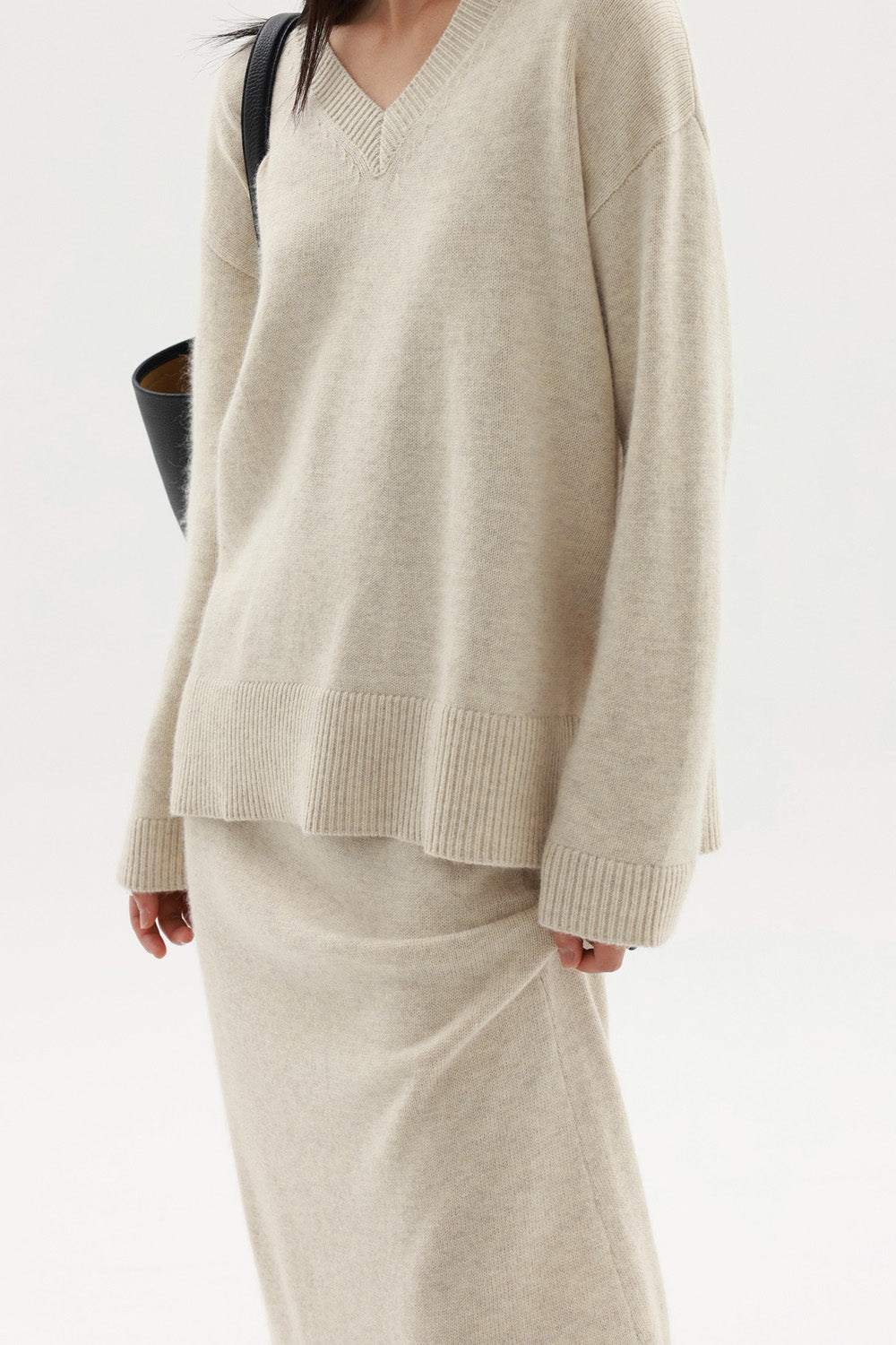 V Neck Knitted Sweater - Beige