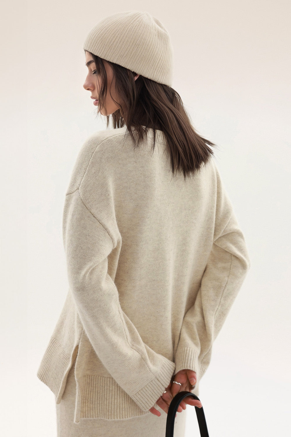 V Neck Knitted Sweater - Beige