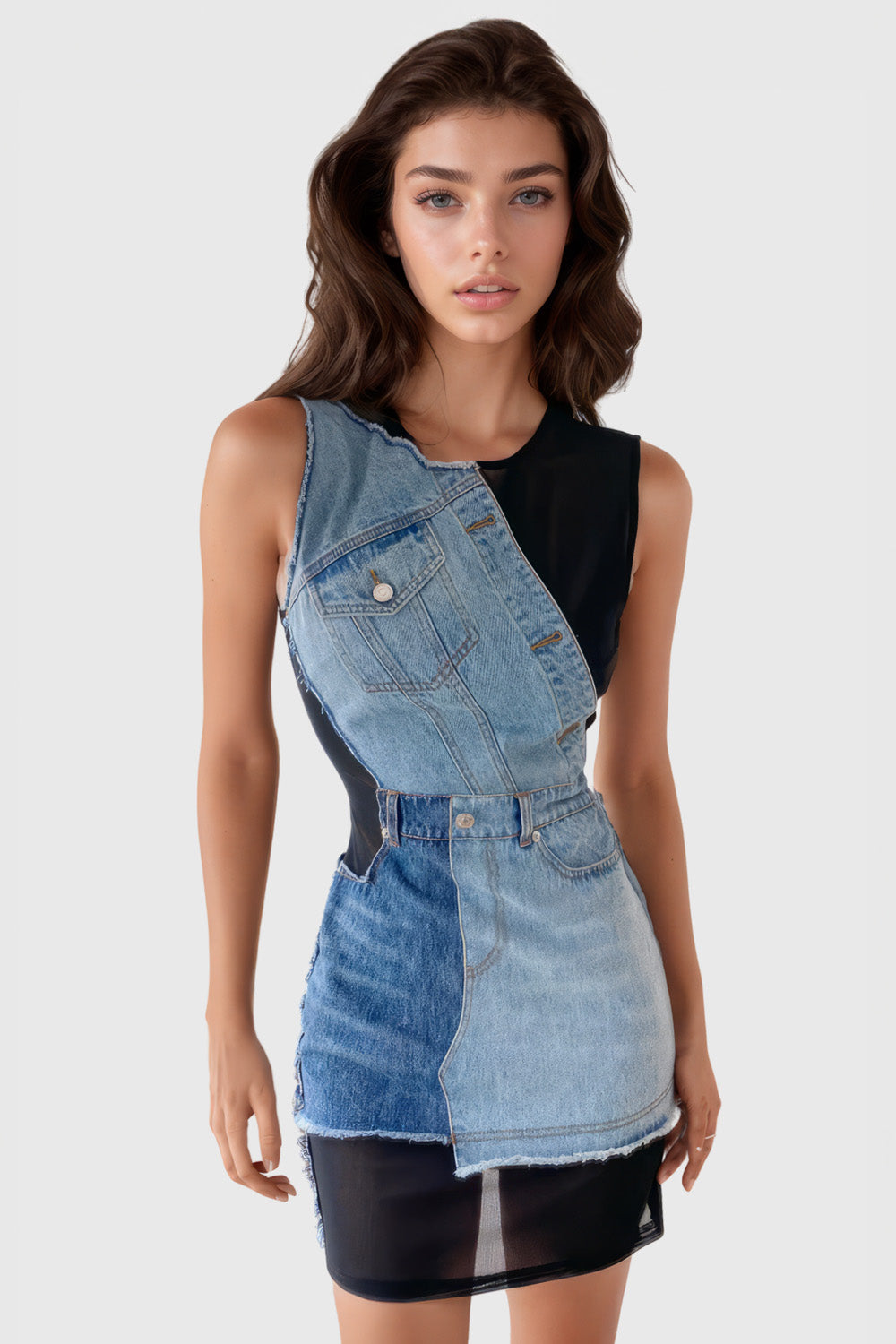 Kurzes Kleid mit Denim-Anteil - Schwarz