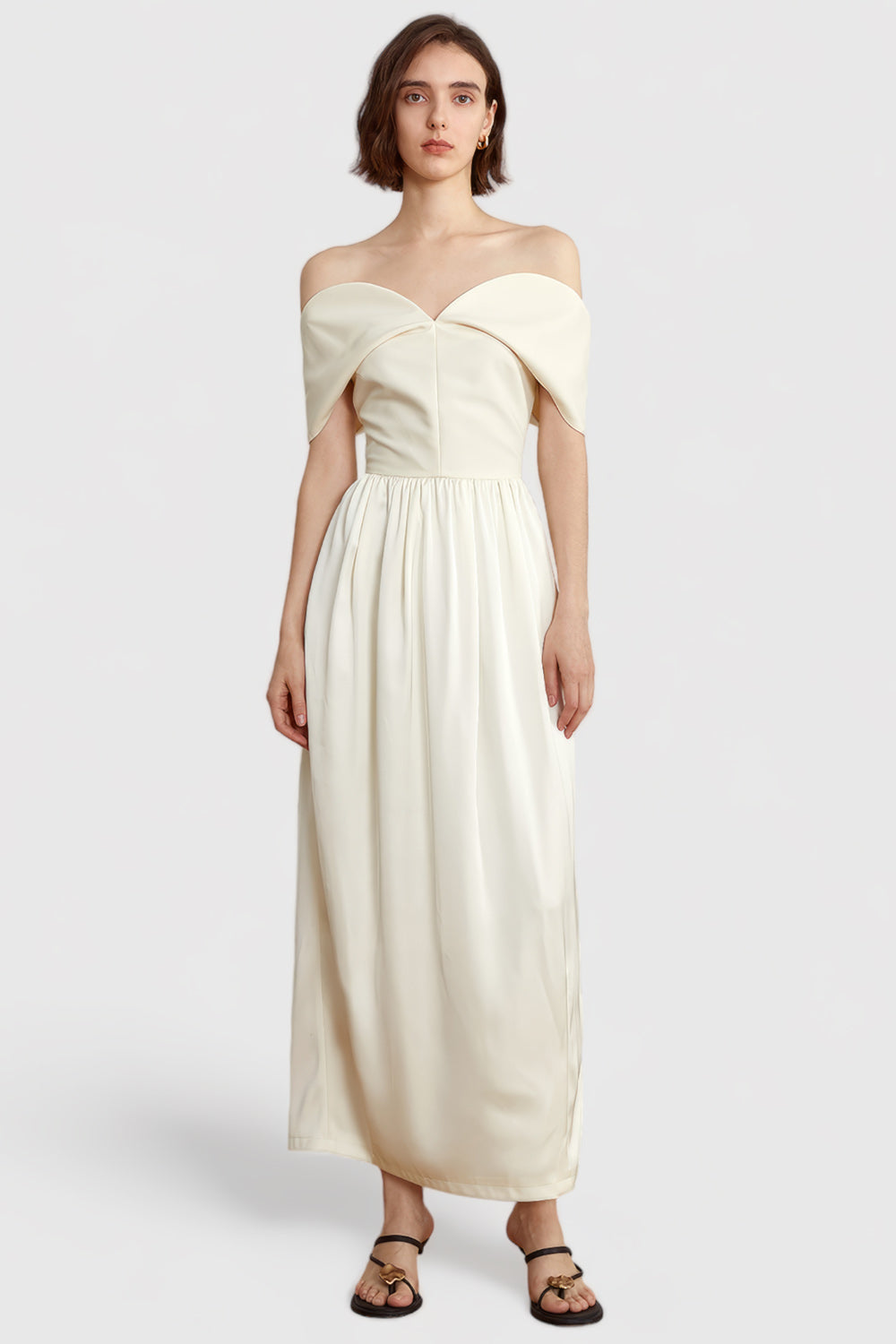 Off Shoulders Midi Dress with Sweetheart Neckline - Beige