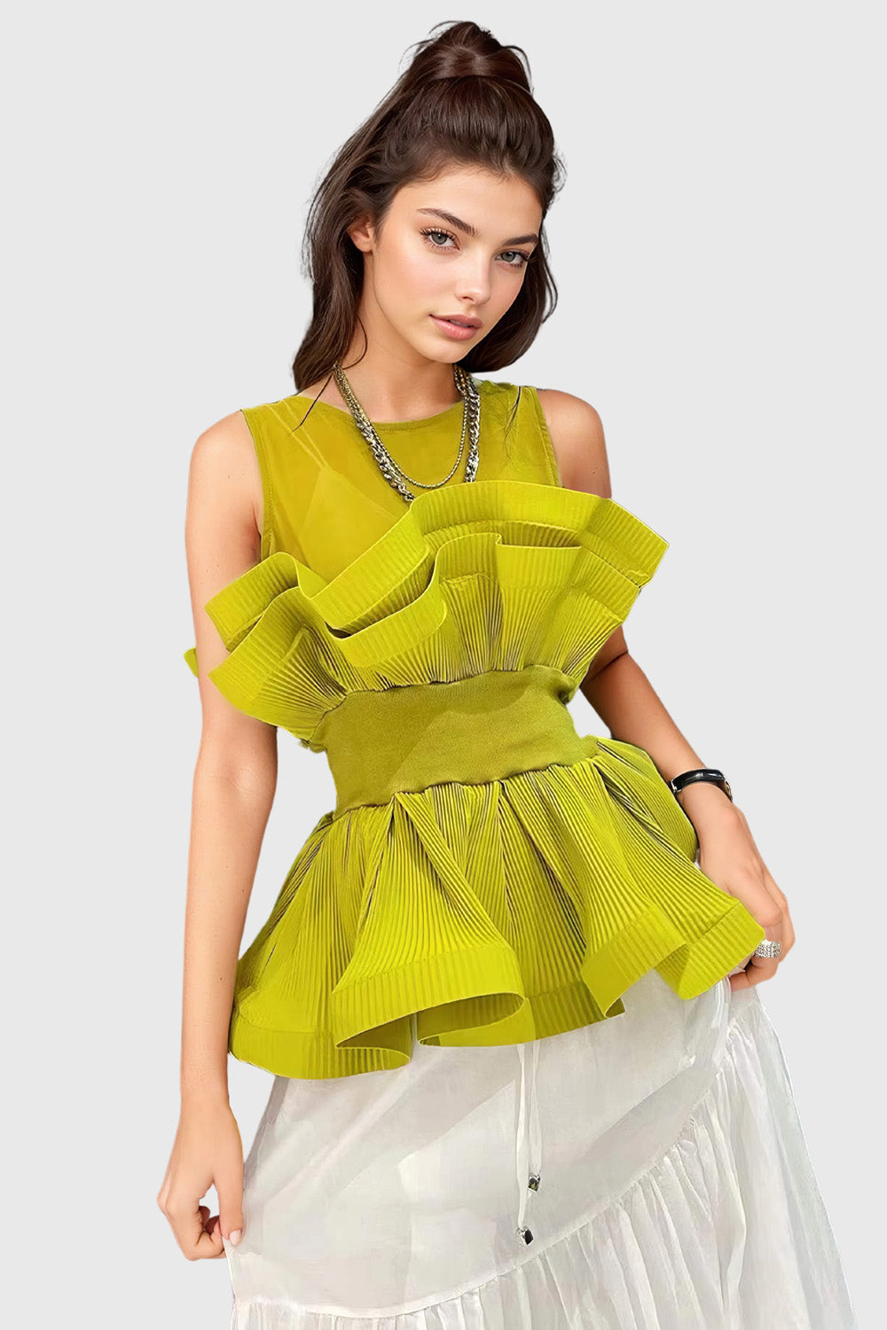 Ärmelloses Top mit Rüschen - Grün
