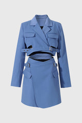 Robe Blazer Courte avec Ceintures - Bleu