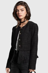 Tweed Jacket with Fringe at Hem - Black