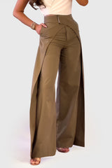 Pantalon large avec détails à double épaisseur - Marron