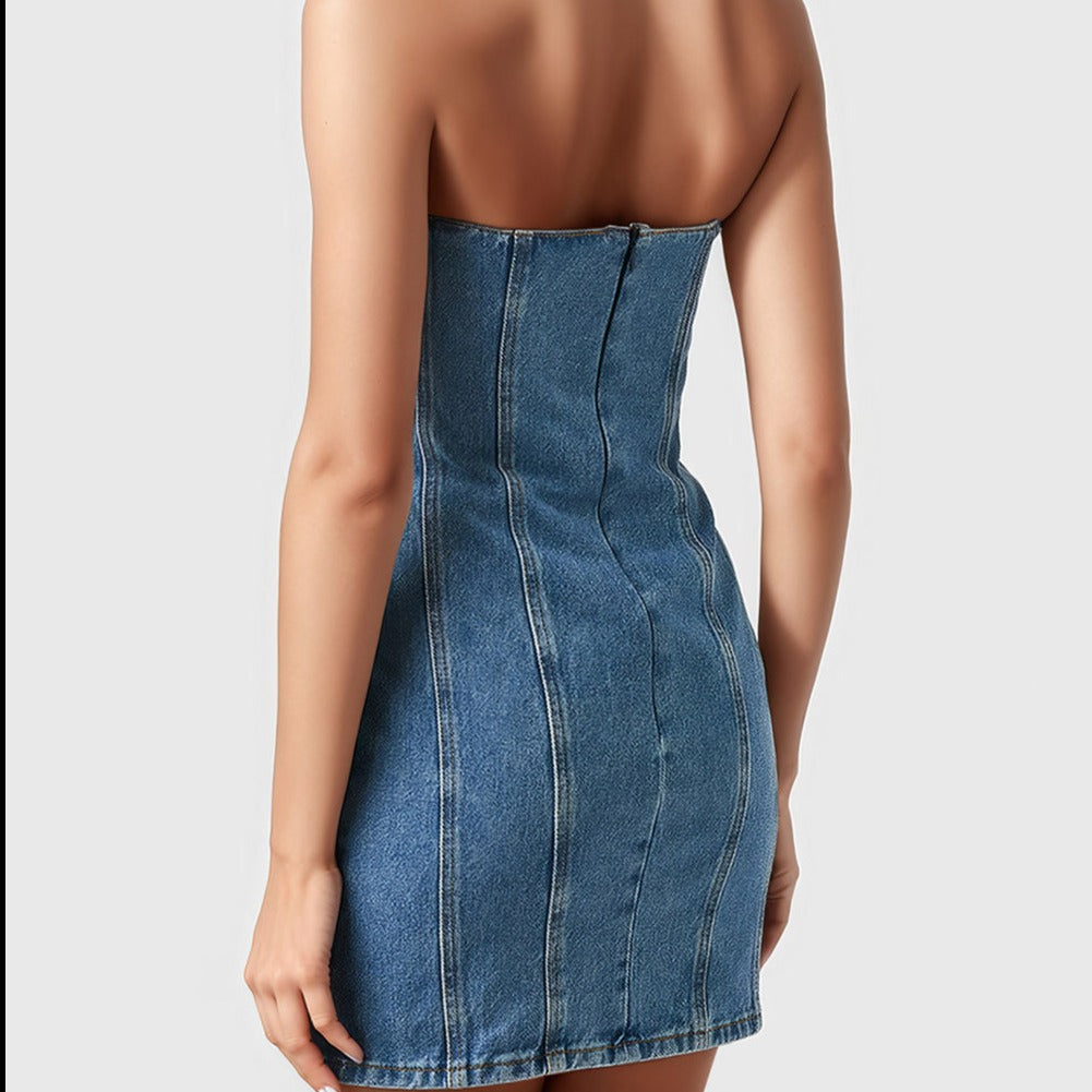 DENIM SleeveLESS Mini Dress with FLowER DETAIL