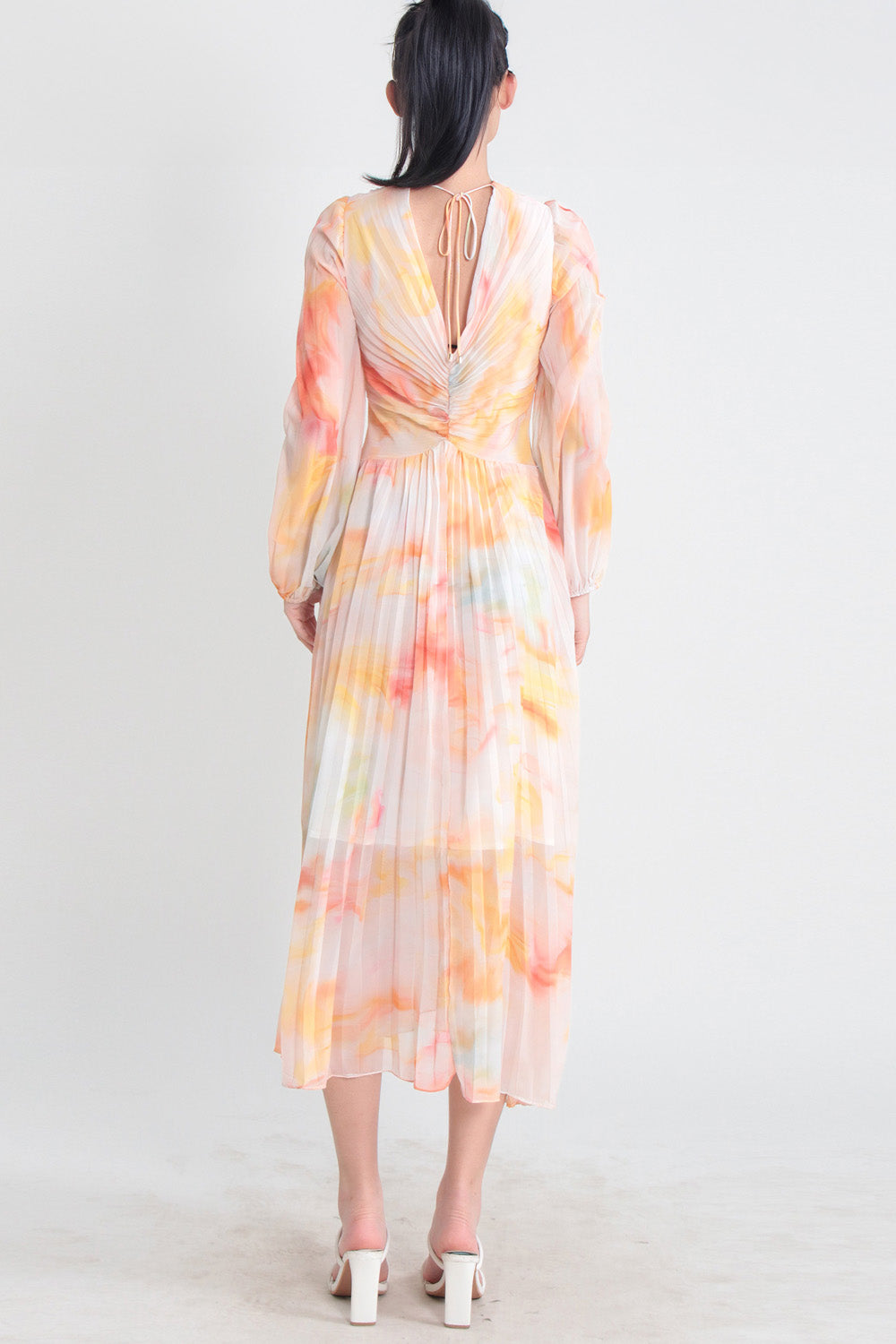 Pleated Midi Dress with V Neckline - Colorful