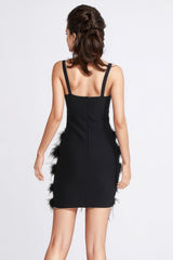 Mini Dress with Mesh and Feathers - Black