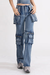 High-Rise-Cargo-Jeans - Blau