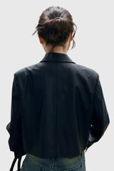 Short Leather Blazer with Metallic Closure - Black