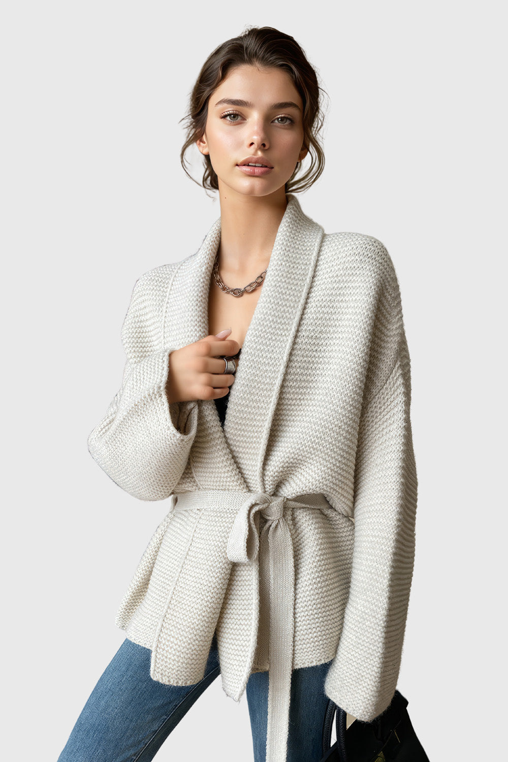 Knitted Cardigan with Belt - Beige