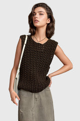 Open Knit Sleeveless Top - Dark Brown