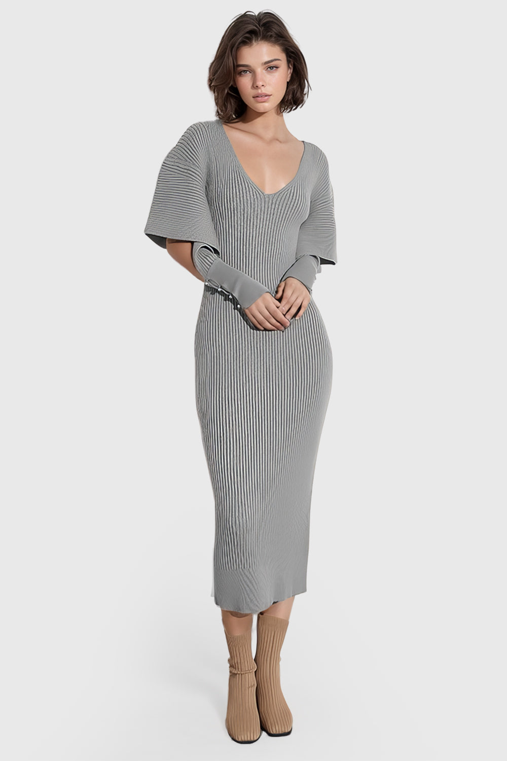 V Neck Ribbed Midi Dress - Grey