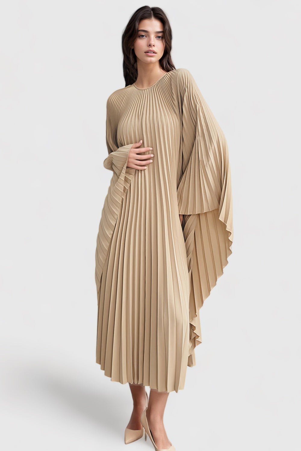 Pleated Maxi Dress with Long Sleeves - Beige