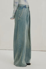 Pleated Wide Leg Jeans - Blue