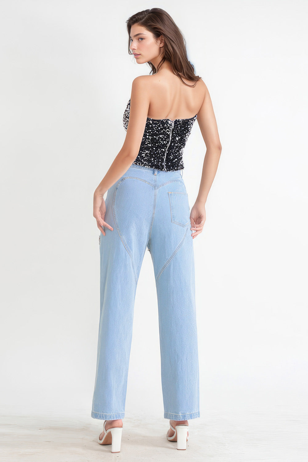 High Waisted Jeans with Cut Outs - Blue