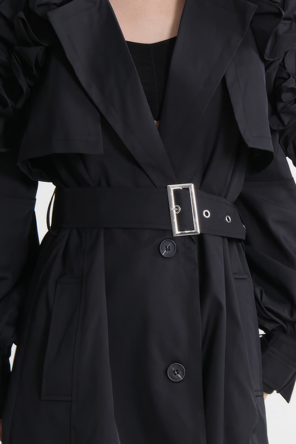 Einreihiger Trenchcoat mit Ärmeldetails - Schwarz