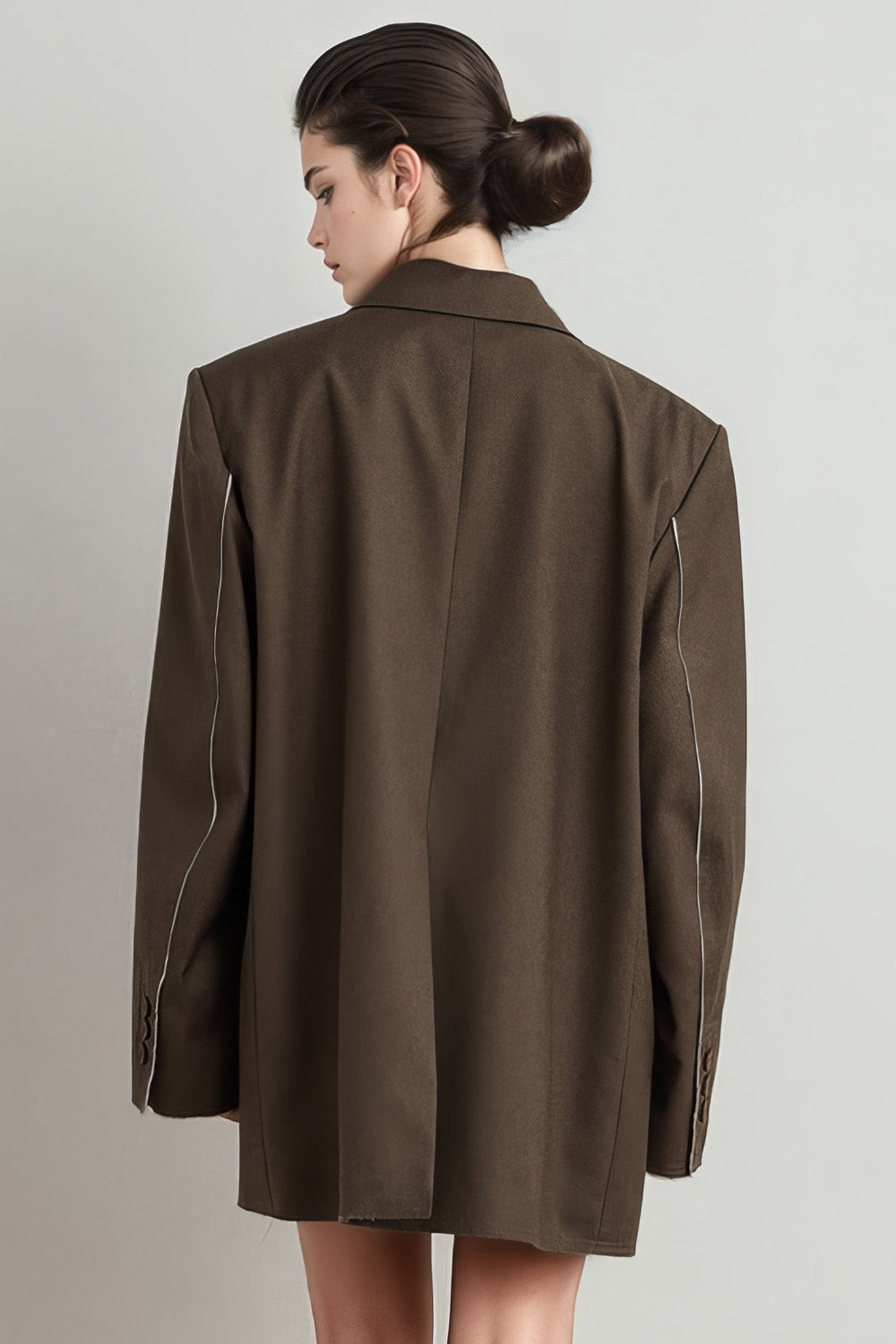 Single Breasted Blazer with Unfinished Hem - Brown