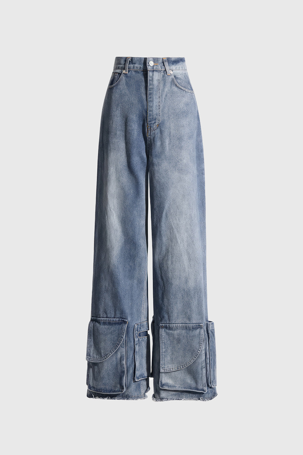 High Waisted Jeans with Pockets at Hem - Blue