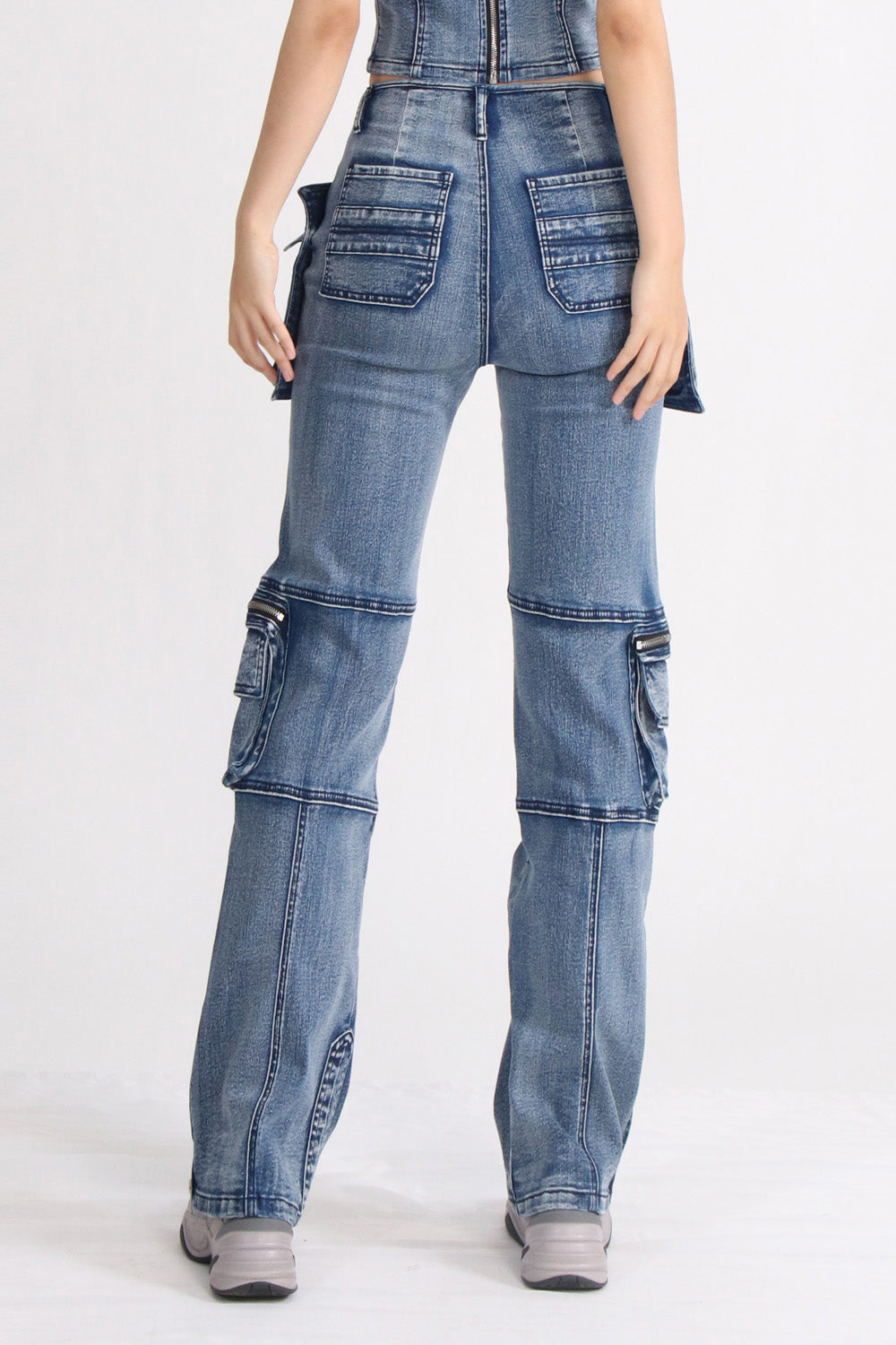 High-Rise-Cargo-Jeans - Blau