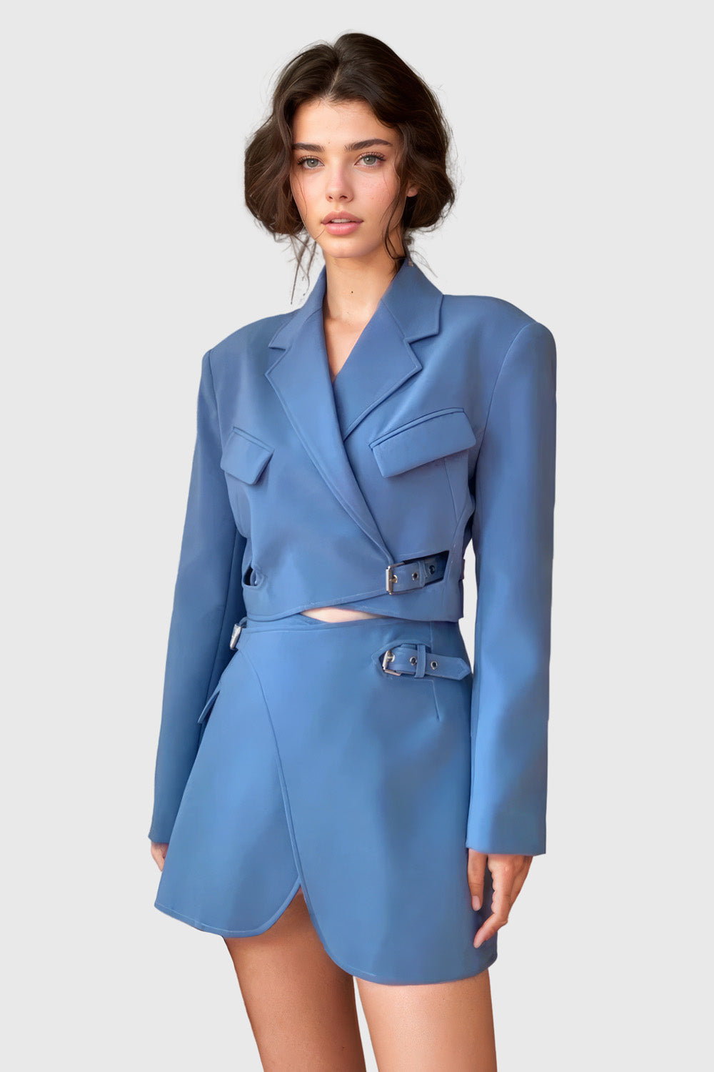 Robe Blazer Courte avec Ceintures - Bleu