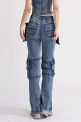 High-Rise-Cargo-Jeans - Blau