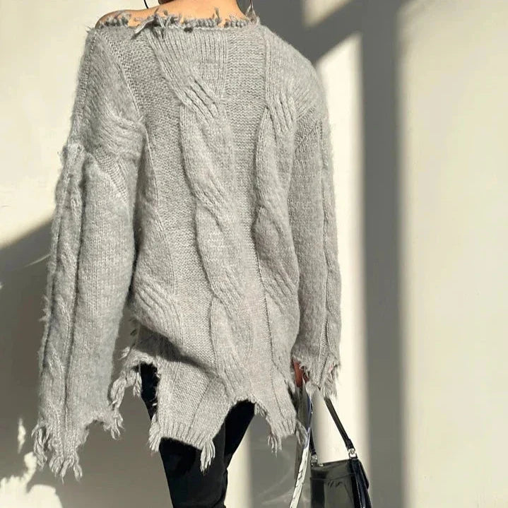 PULL EN MAILLE LONG AVEC DÉCHIRURES - Gris