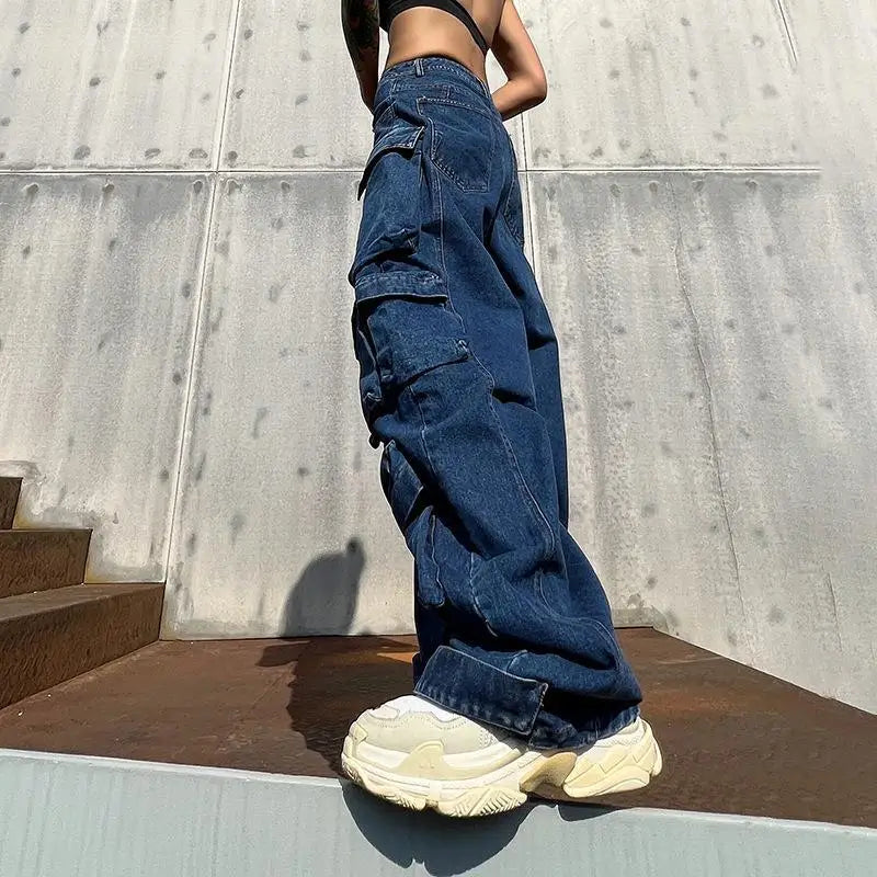 BLUE Low WaistED CARGO JEANS with Pockets