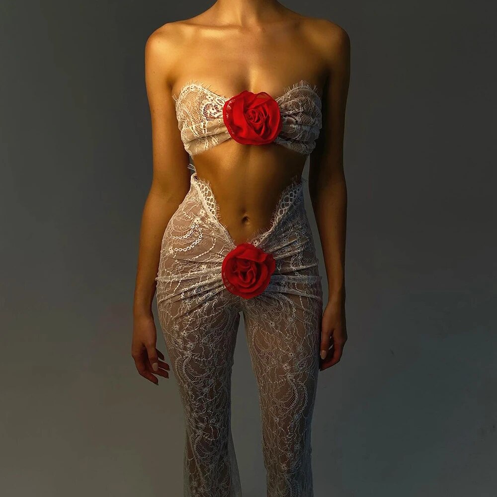 AMMEL CUT Out Lace JUMPSUIT with RED ROSE BOWS