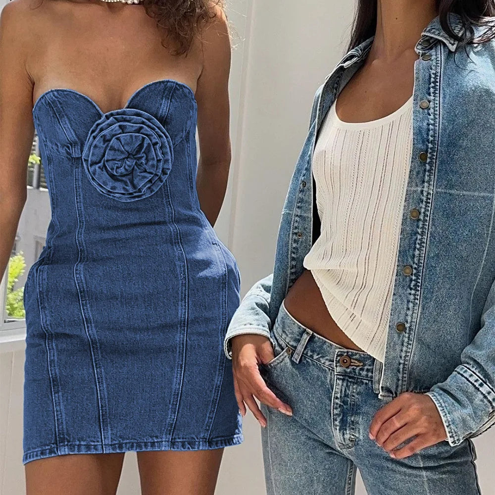 DENIM SleeveLESS Mini Dress with FLowER DETAIL