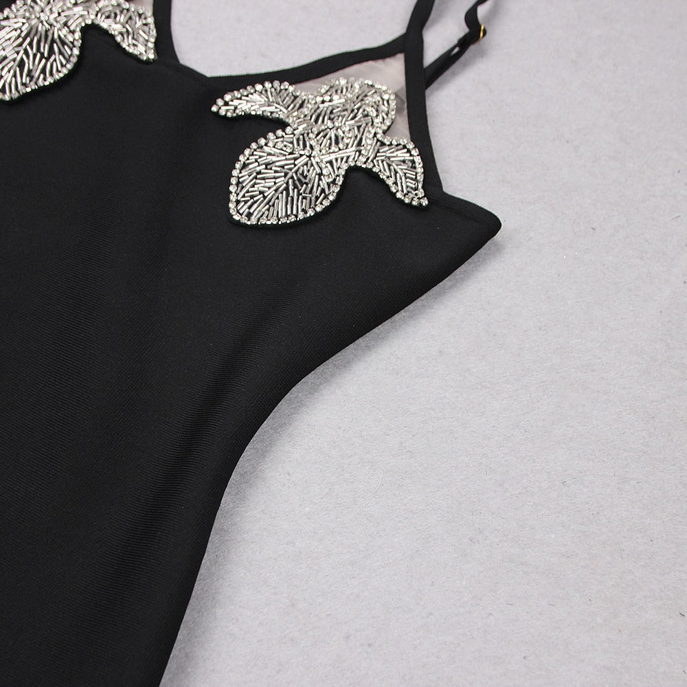 Ayane Black Mini Dress with Crystal Flowers