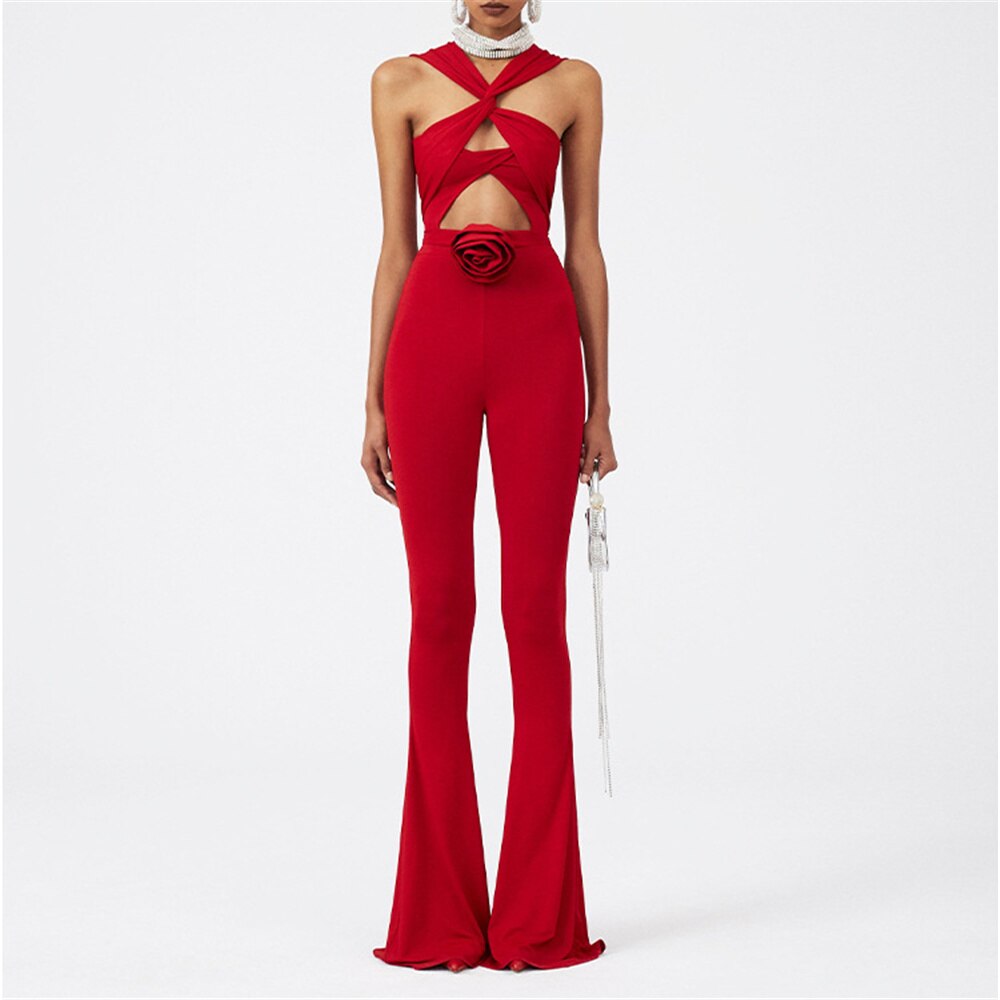 HANNA RED BODYSUIT and FLARED PANTS with ROSE BOW 2 PIECE SET