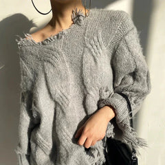 PULL EN MAILLE LONG AVEC DÉCHIRURES - Gris