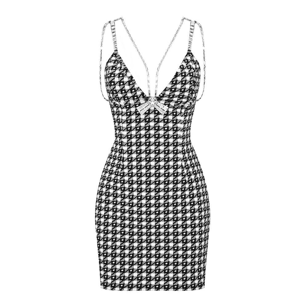 ESTEMA HOUNDSTOOTH V NECK Crystal BOW TIE Mini Dress