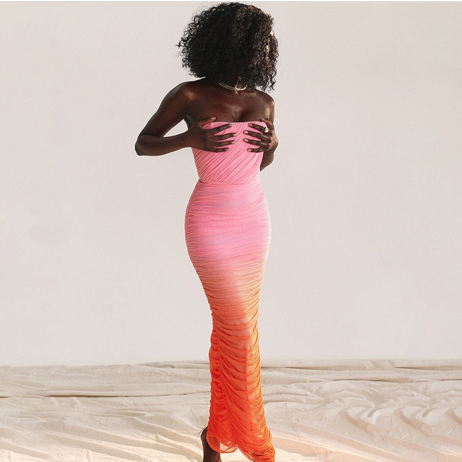 Robe longue moulante rose orange dégradé cendré