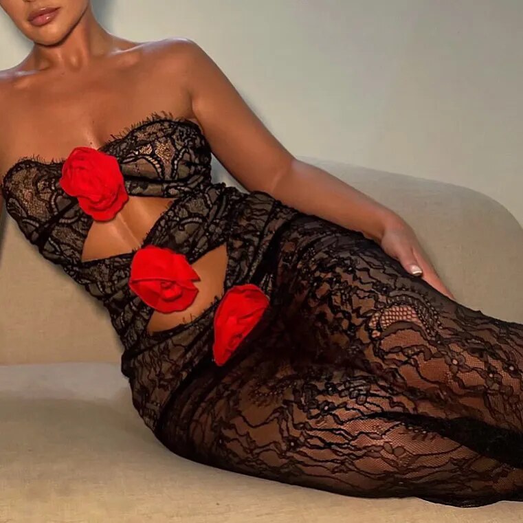 Robe longue en dentelle découpée sans manches CHANNYA